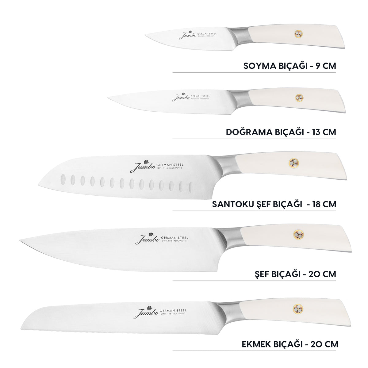 Jumbo Katana Standlı 6 Parça Alman Çeliği Beyaz Bıçak Seti
