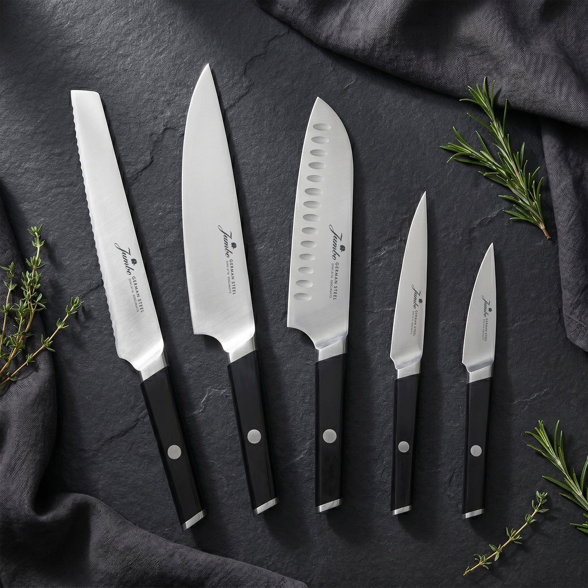 Jumbo Katana Standlı 6 Parça Alman Çeliği Siyah Bıçak Seti