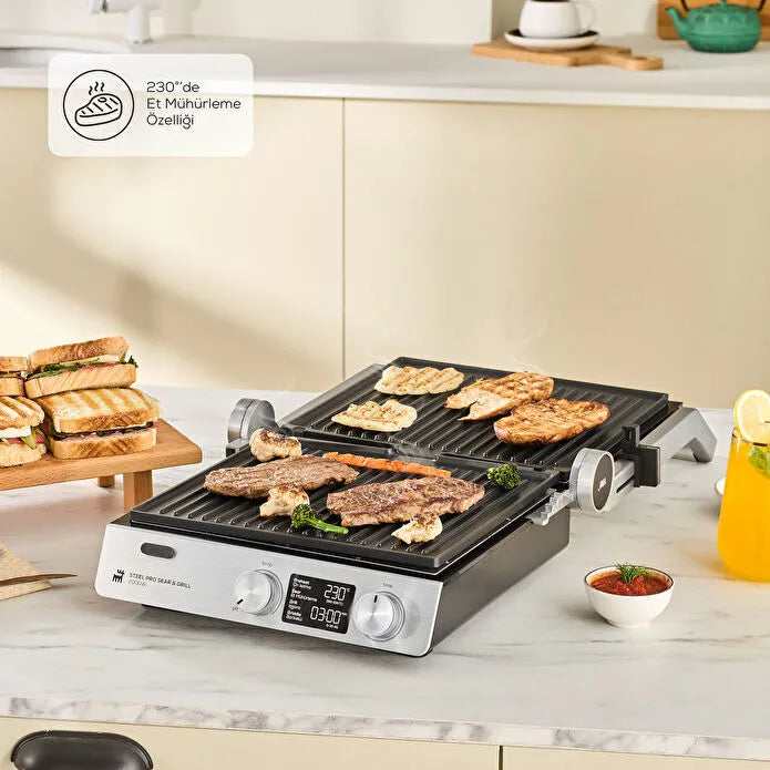 Karaca Compact Steel Pro Sear and Grill Inox 2007 Döküm Izgara ve Tost Makinesi 6 Dilim Kapasiteli