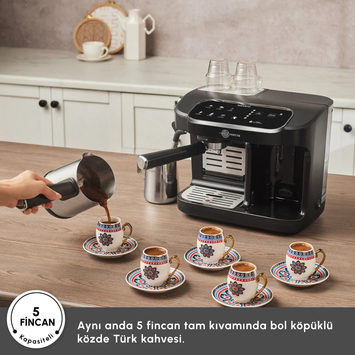 Karaca Hatır Perfetto Espresso ve Türk Kahve Makinesi İnox & 4 Adet Türk Kahve Fincanı Hediyeli